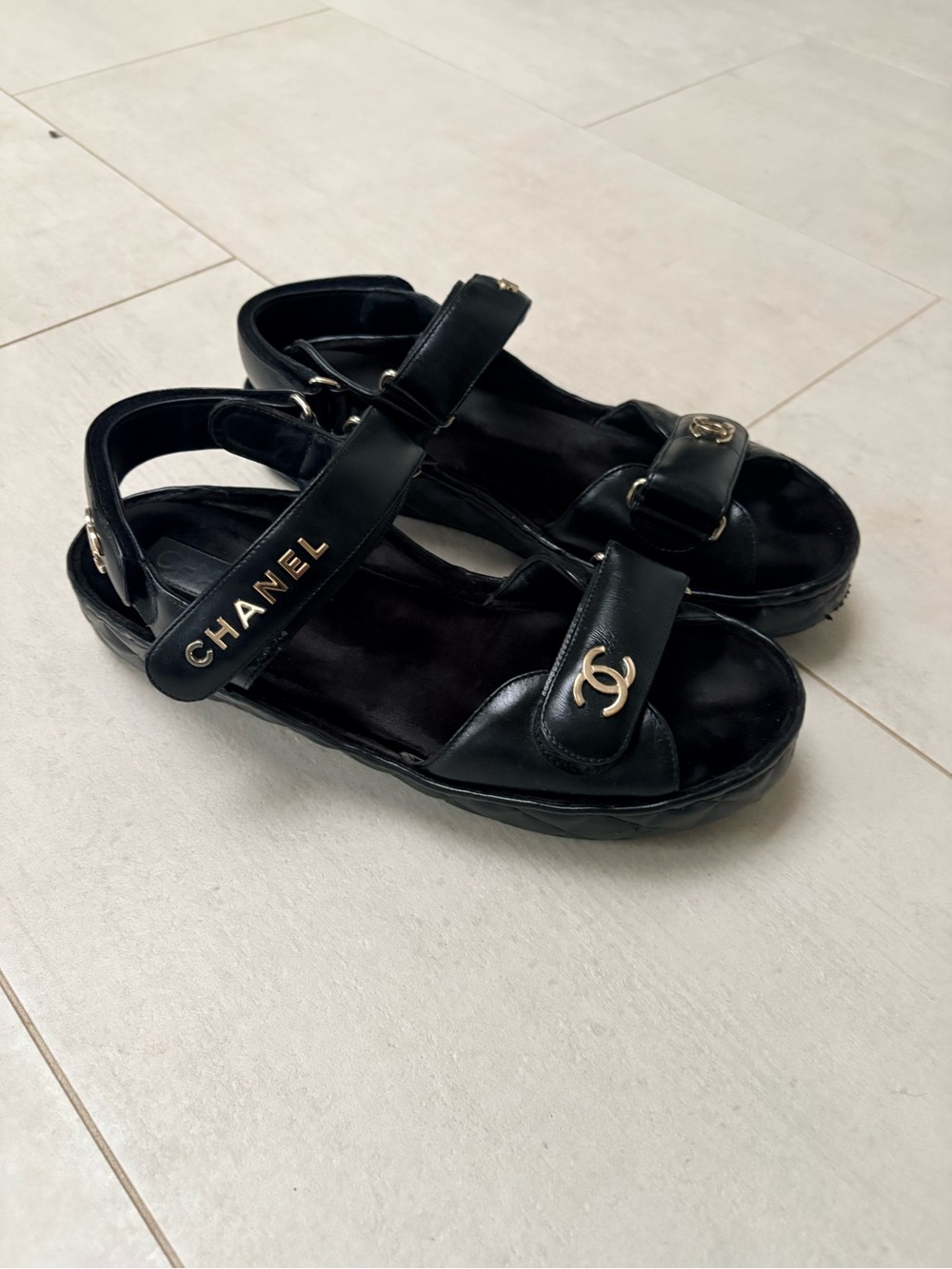 CHANEL Black Quilted Leather Platform Slingback Sandals with Gold CC - Picture 4 of 6
